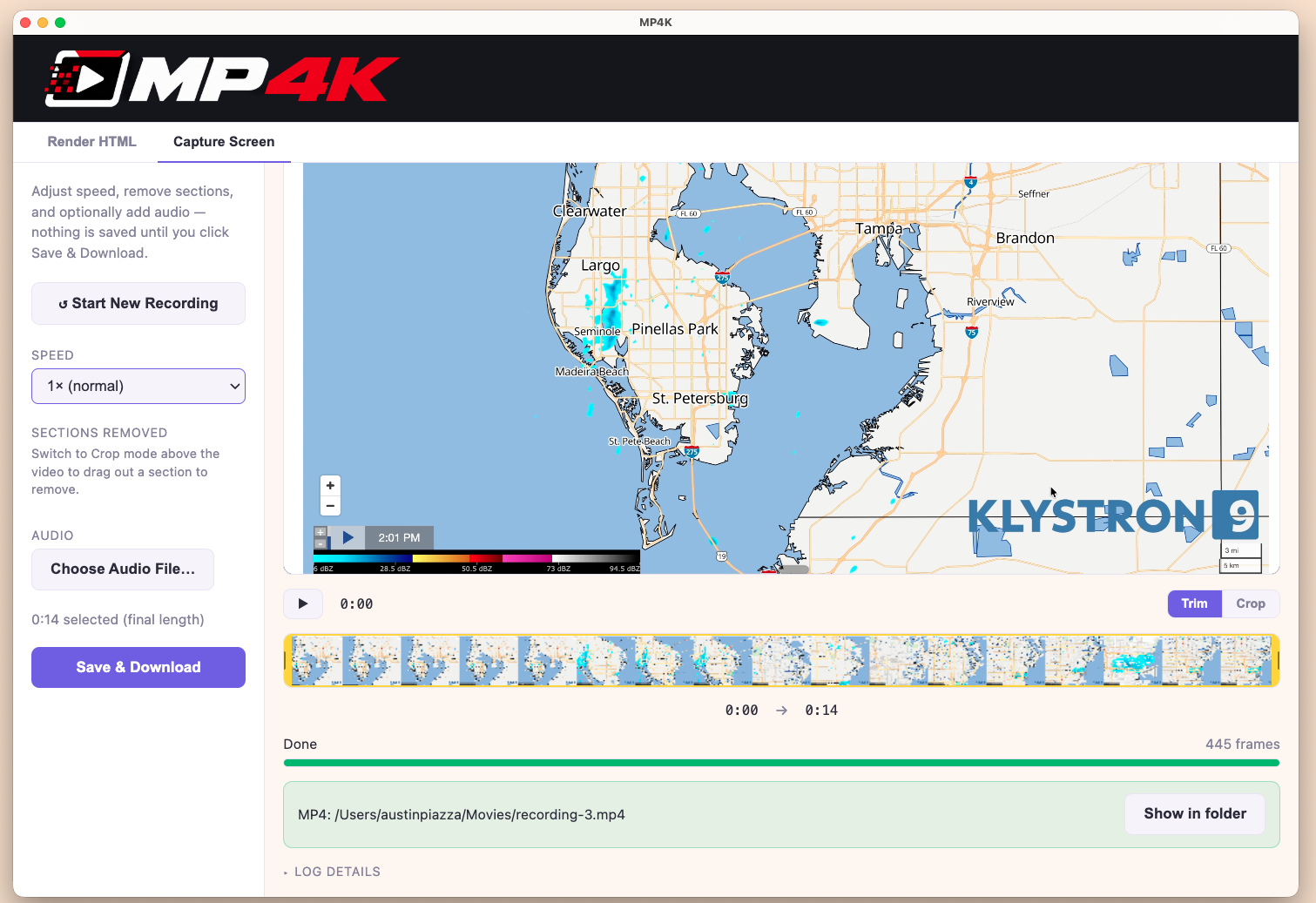 MP4K Capture Screen tab showing a high-resolution recording, trim timeline, frame count, audio controls, and completed export