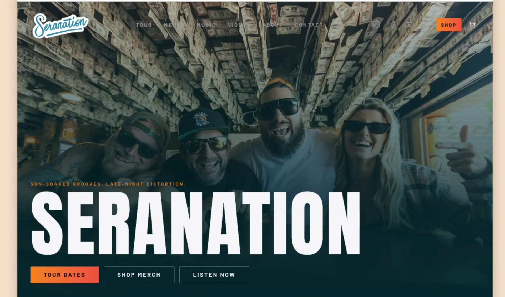 Seranation.com homepage hero: the band photographed inside their tour bus, with large SERANATION lettering and Tour Dates, Shop Merch, and Listen Now buttons