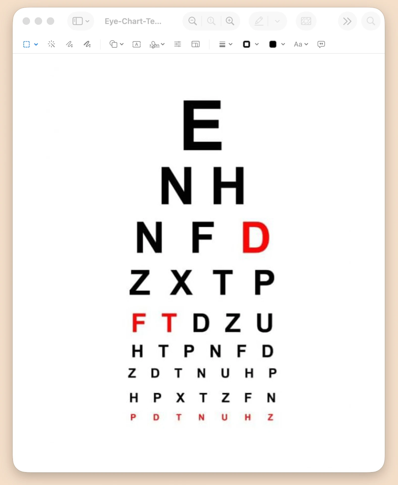 Sharp eye chart rendered through MP4K, with black and red letters at progressively smaller sizes