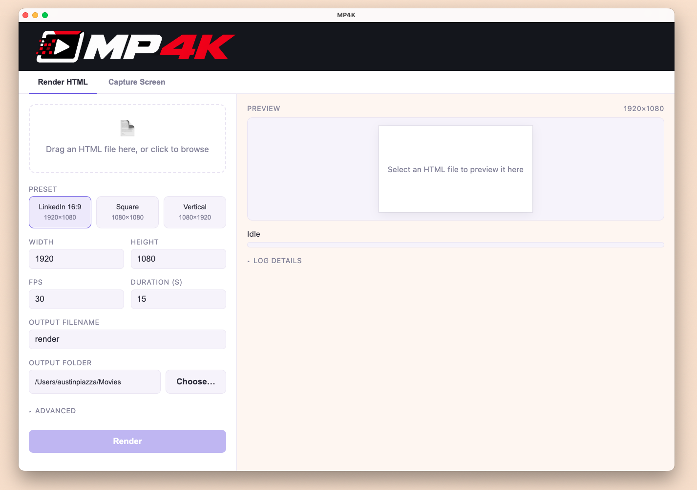 MP4K Render HTML tab with file input, export presets, dimensions, frame rate, duration, and preview controls