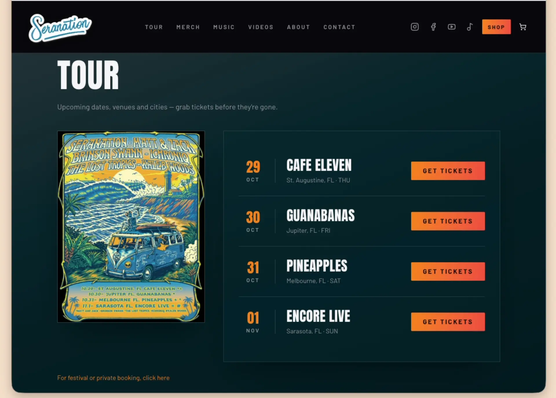 Seranation.com tour dates page: upcoming shows in St. Augustine, Jupiter, Melbourne, and Sarasota with Get Tickets buttons next to a tour poster