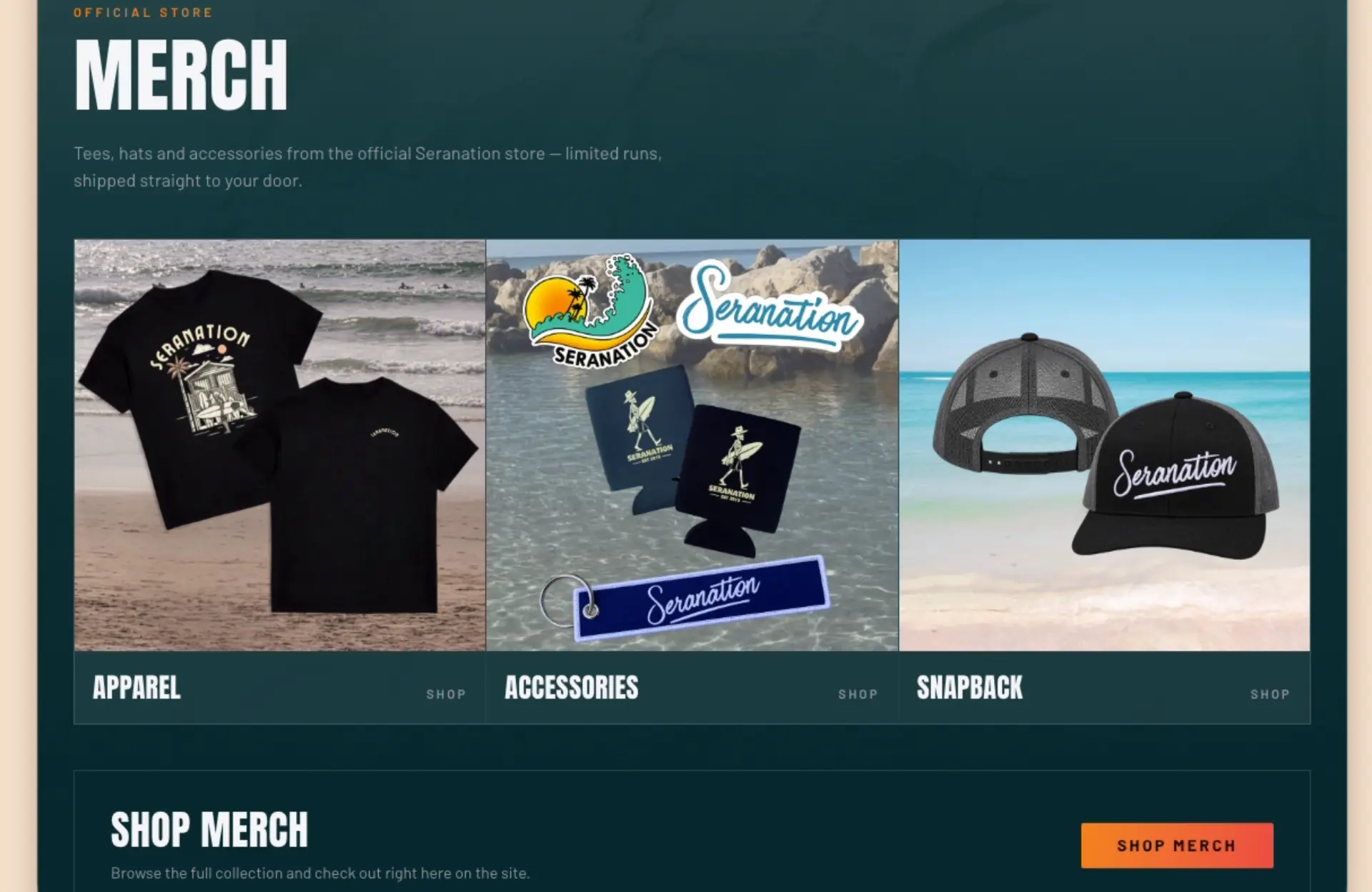 Seranation.com merch section: apparel, accessories, and snapback hats from the official Seranation store